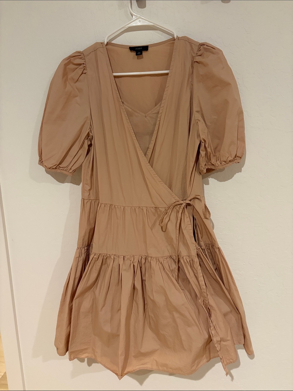J. Crew Camel Wrap Puff-Sleeve Tiered Mini Dress